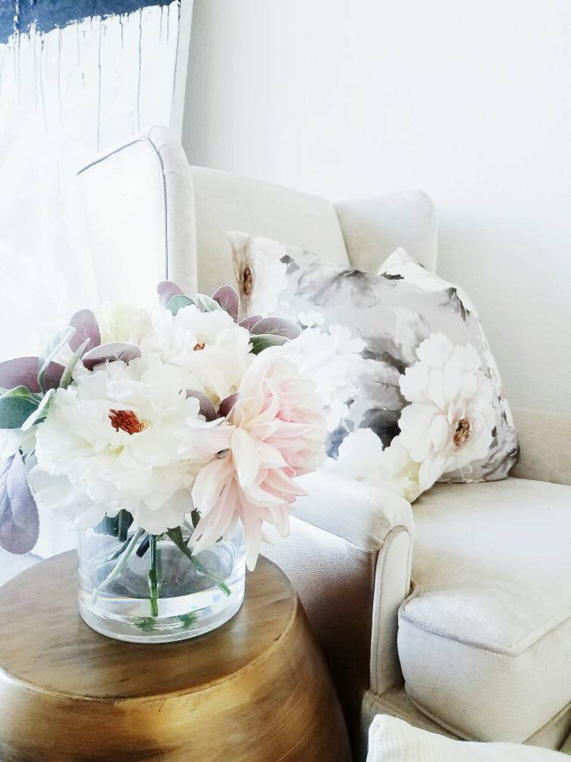 DESIGNER LINEN BLEND GREY AND BLUSH PINK FLORAL