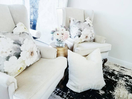 DESIGNER LINEN BLEND GREY AND BLUSH PINK FLORAL