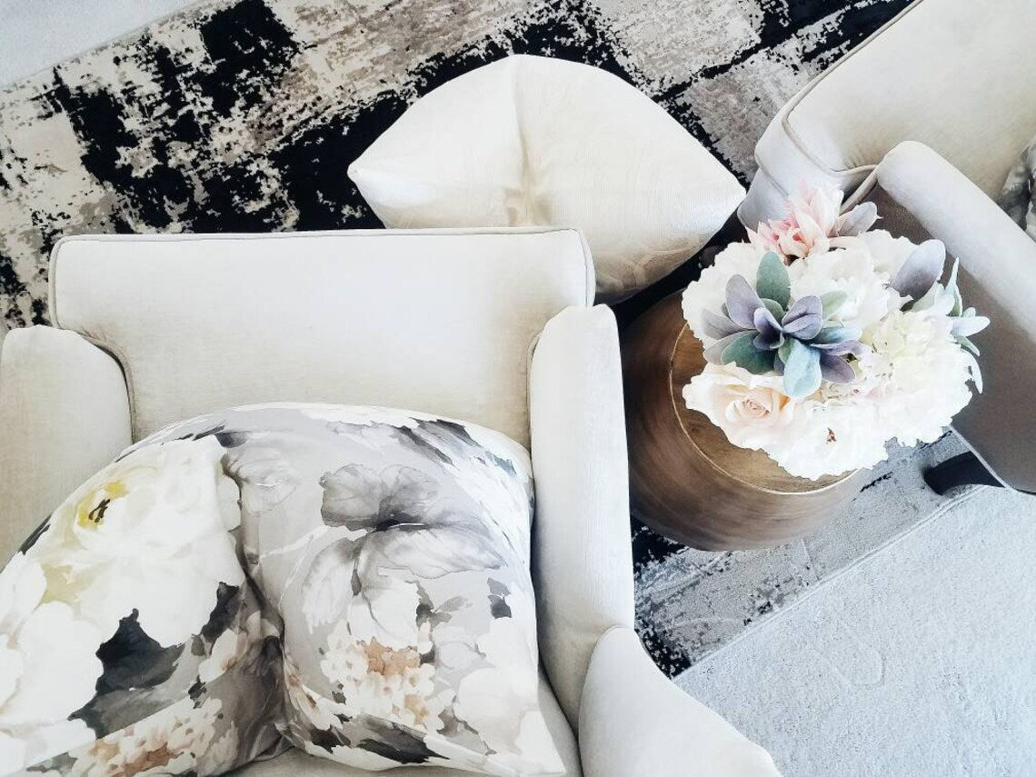 DESIGNER LINEN BLEND GREY AND BLUSH PINK FLORAL