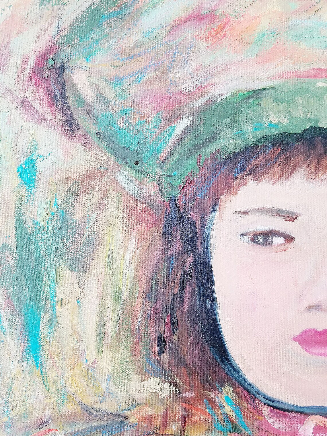 PORTRAIT OF AN ASIAN GIRL IN HAT -- ACRYLIC ON CANVAS ORIGINAL PAINTING