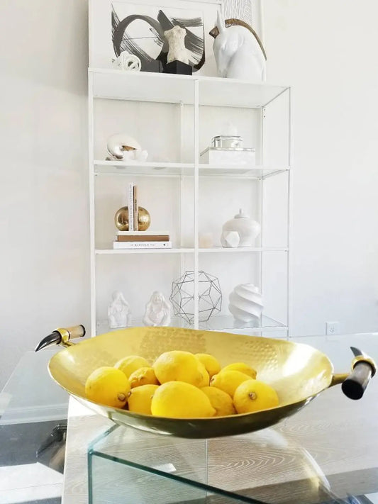 HAMMERED BRASS AND HORN HANDLE SERVING PLATTER/TRAY