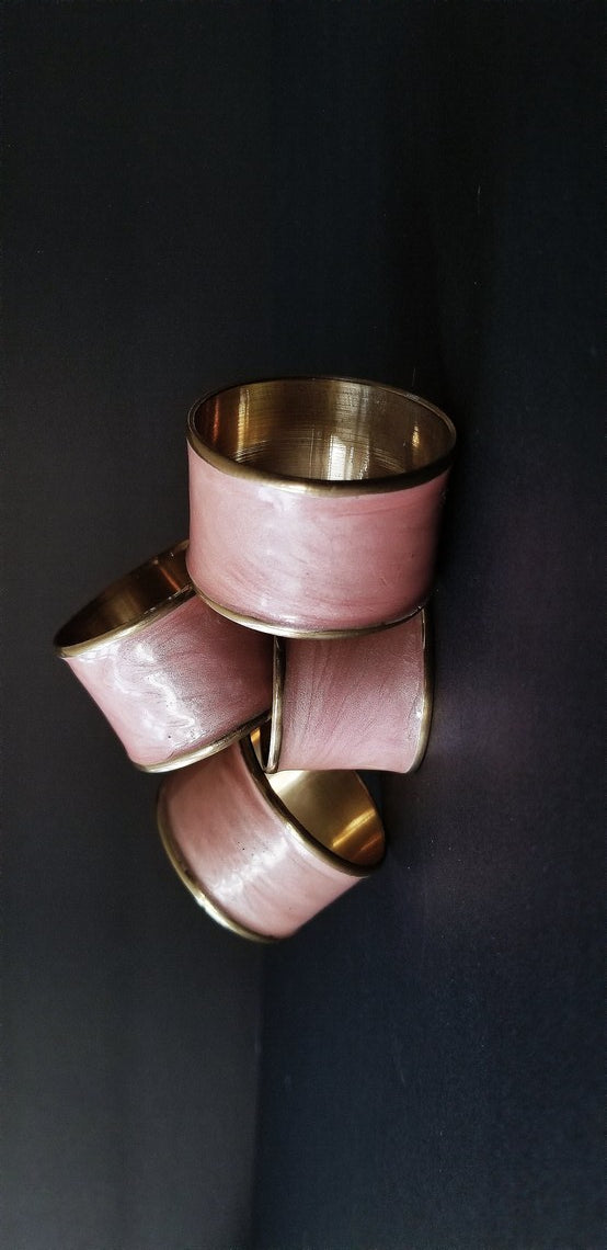 PINK ENAMELED BRASS NAPKINS RINGS