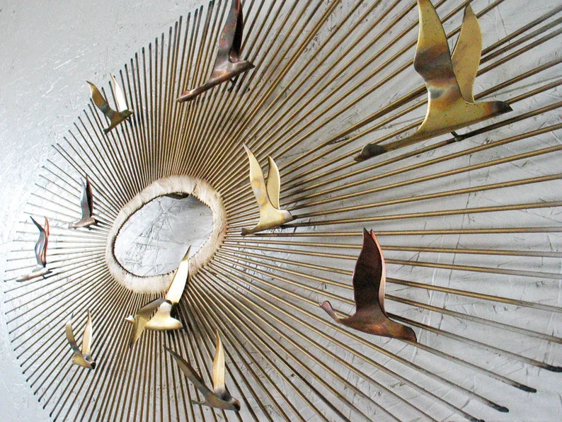 MID-CENTURY MODERN WALL SCULPTURE "BIRDS IN FLIGHT ON SUNBURST"