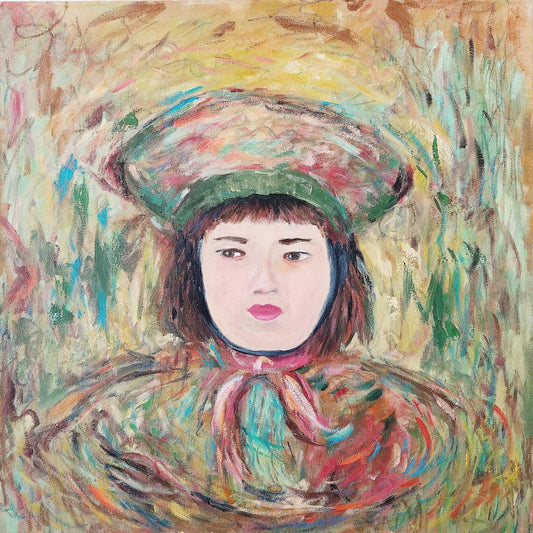 PORTRAIT OF AN ASIAN GIRL IN HAT -- ACRYLIC ON CANVAS ORIGINAL PAINTING