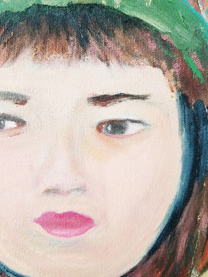 PORTRAIT OF AN ASIAN GIRL IN HAT -- ACRYLIC ON CANVAS ORIGINAL PAINTING